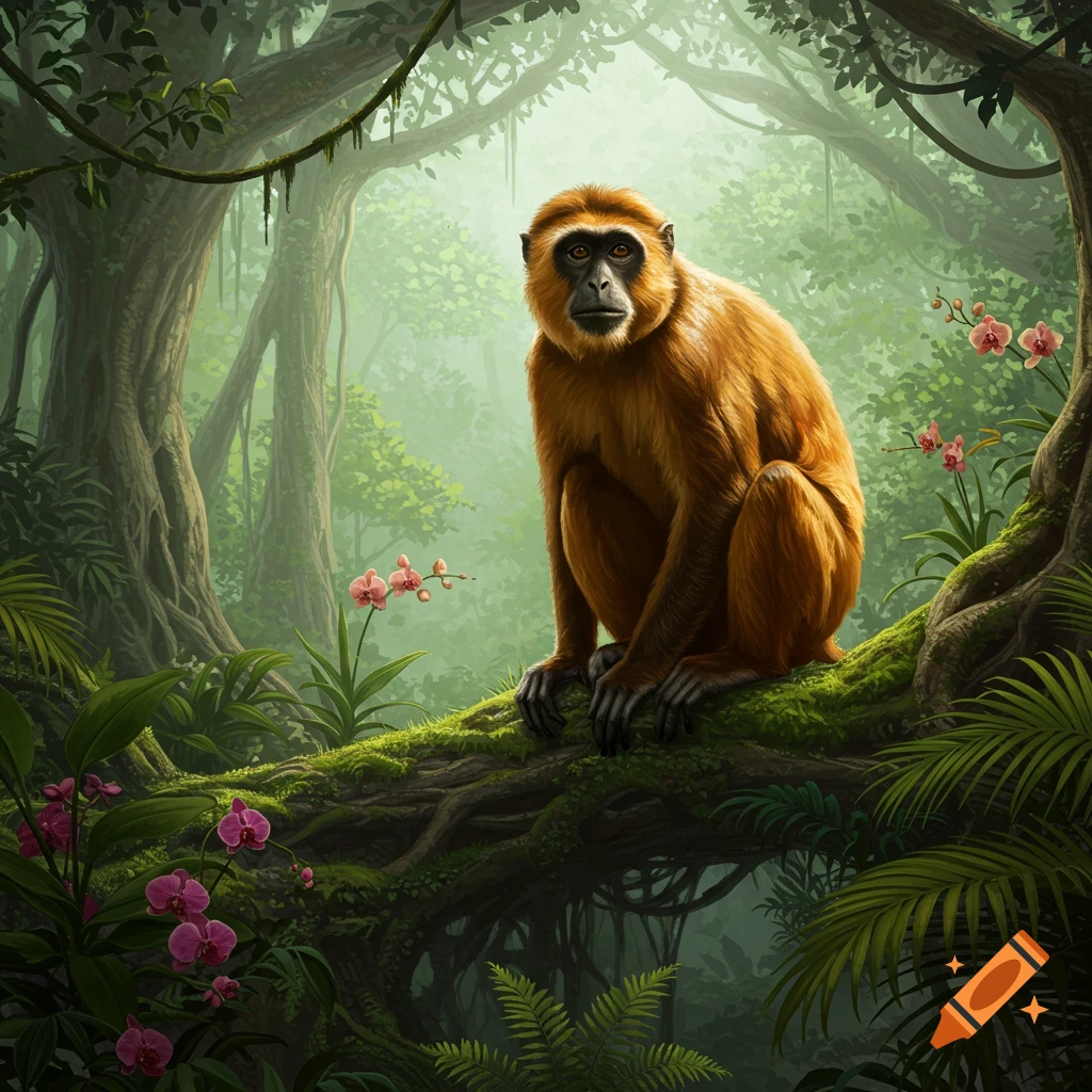 A golden brown monkey sits on a mossy tree branch in a lush, green jungle with pink orchid flowers.