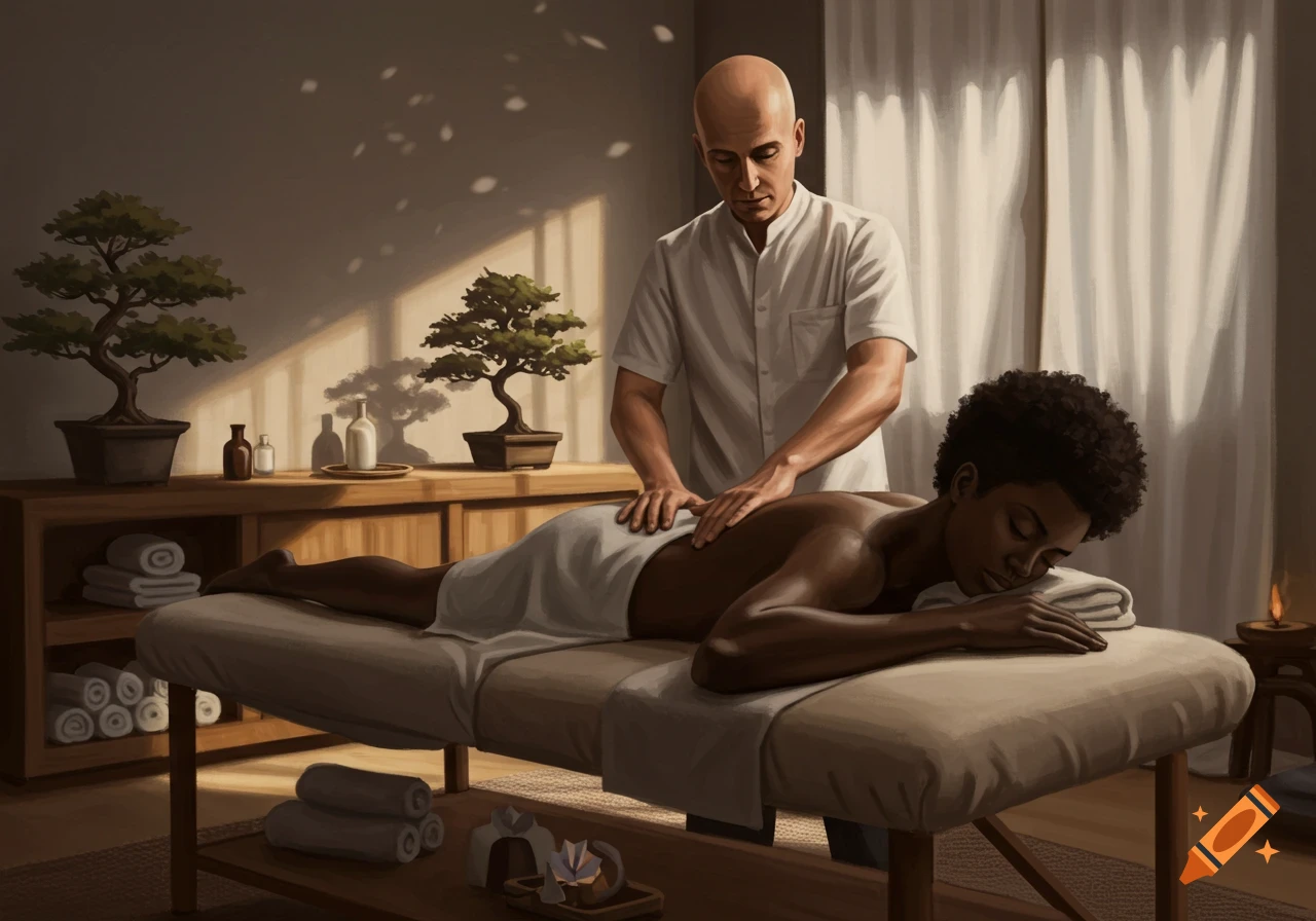 An illustration of a bald man giving a massage to a Black woman in a serene spa room with bonsai trees and warm light.