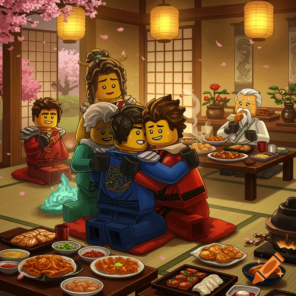 Lego Ninjago characters, including Master Wu, enjoy a meal in a traditional Japanese room with cherry blossoms.