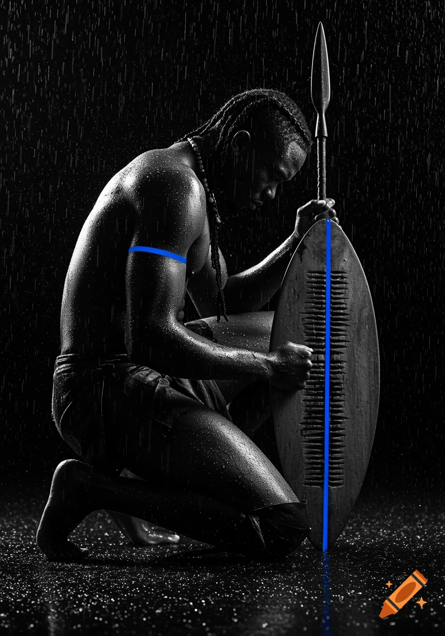 Monochrome side profile of a kneeling Zulu warrior holding a shield and spear in the rain, with a blue line accent.