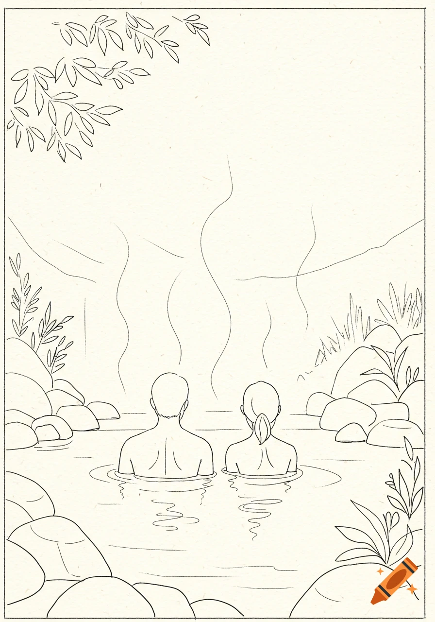 Line drawing of a man and woman seen from behind, relaxing in a hot springs surrounded by rocks and foliage.