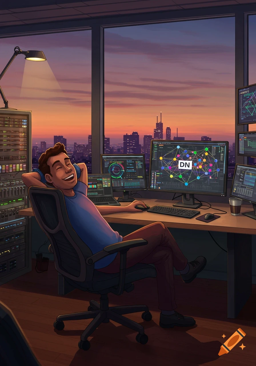 A happy man relaxes in an office chair in front of multiple computer screens with data, a city sunset view.