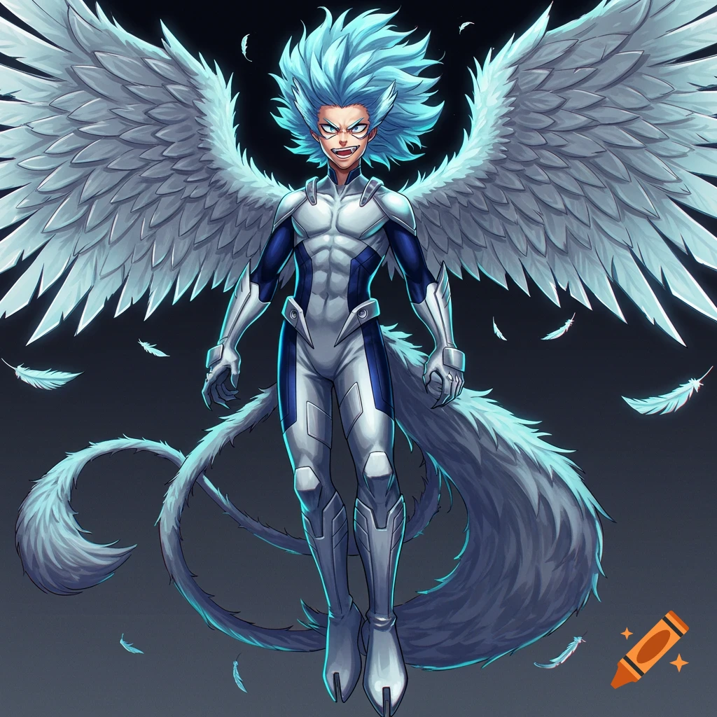 An anime character with spiky light blue hair, large white wings, and a fluffy tail, wearing a silver and blue hero suit, with a fierce expression, floating.