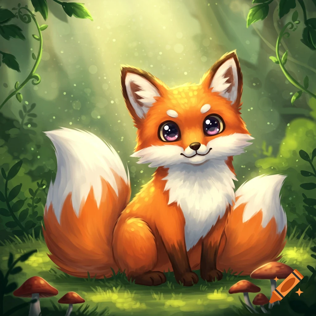 A cute cartoon fox with big eyes sits in a vibrant, sunlit forest among mushrooms.