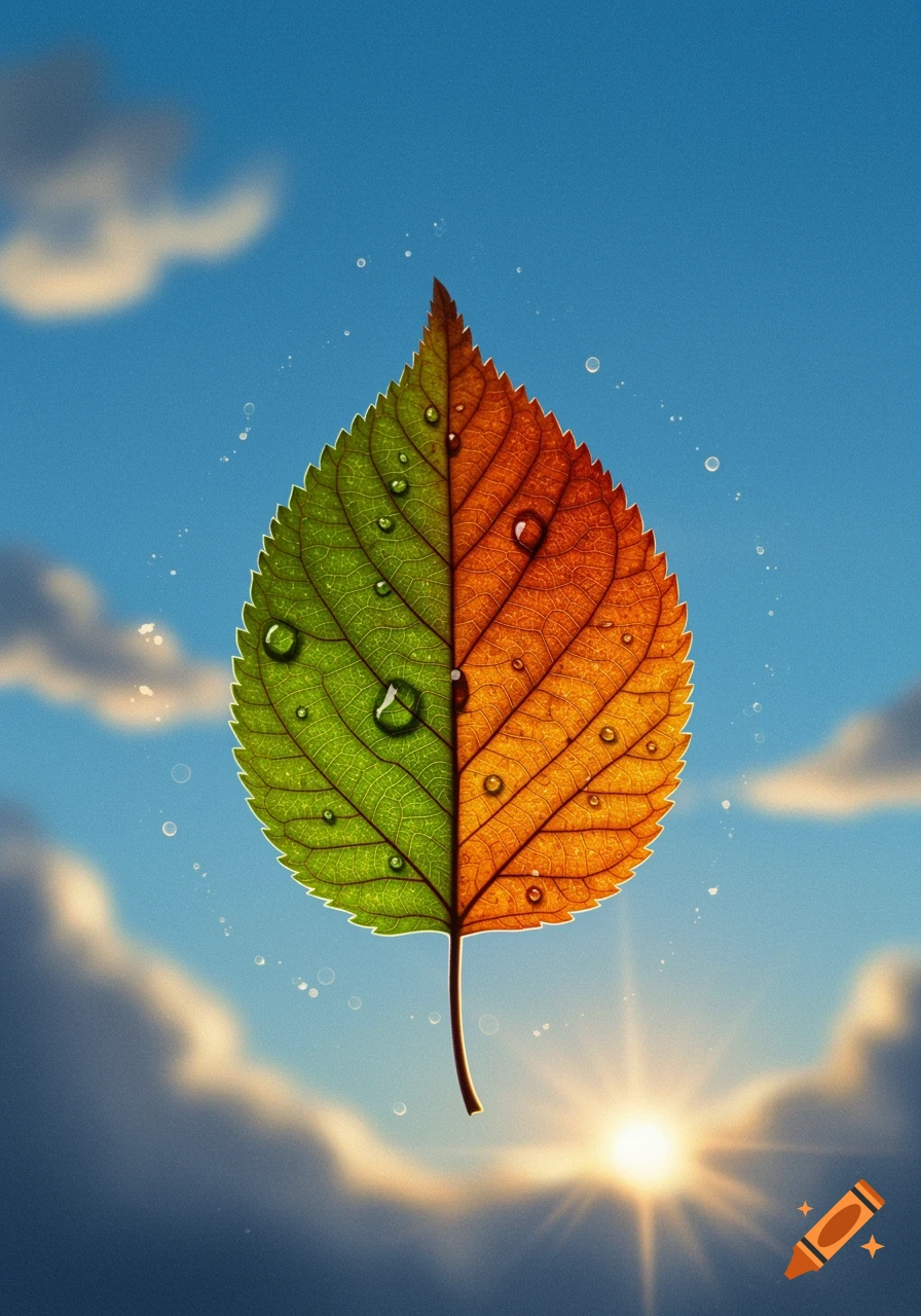 A single leaf, half green and half orange with water droplets, floats against a bright blue sky with sun and clouds.