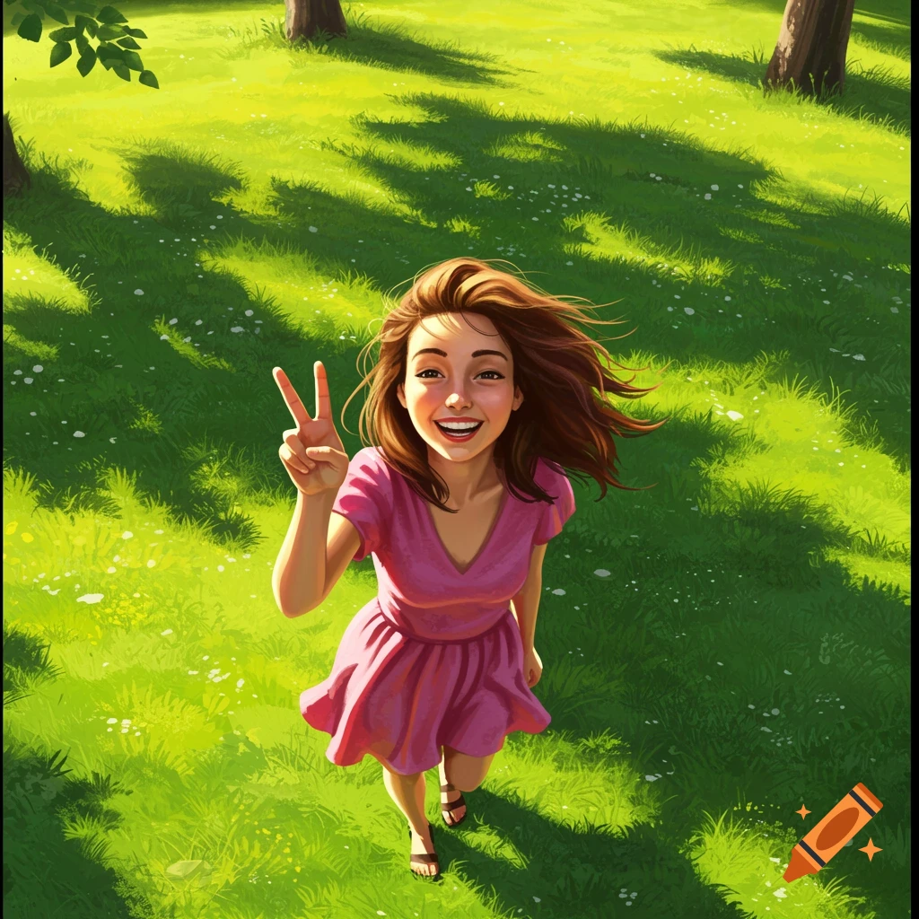 A happy woman in a pink dress looks up and gives a peace sign in a sunny park.