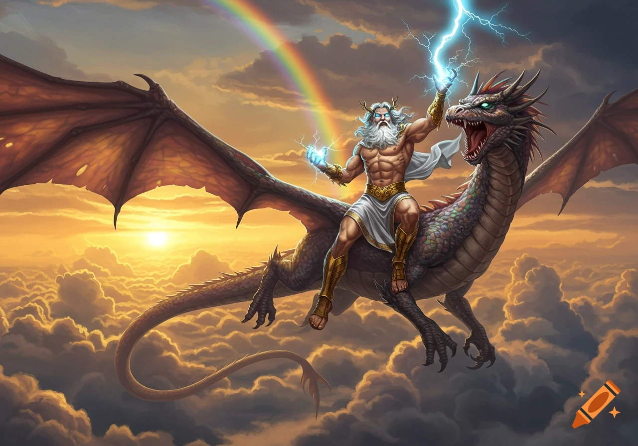 Zeus riding a dragon over clouds with lightning and a rainbow, digital painting style.