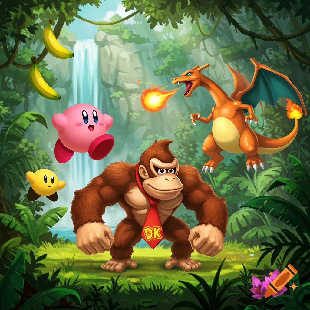 Donkey Kong stands in a vibrant jungle with Kirby, a yellow star character, and Charizard breathing fire near a waterfall and bananas.