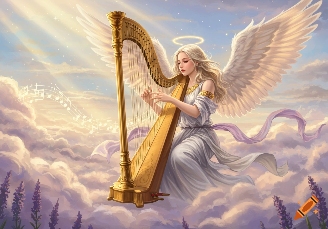 An ethereal female angel with long blonde hair, a halo, and large white wings plays a golden harp on purple and white clouds with musical notes.