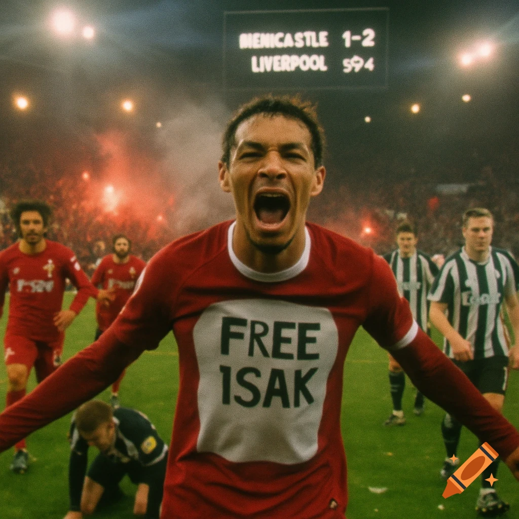 A male football player in a red jersey yells in triumph, with "FREE ISAK" on his undershirt, on a stadium field.