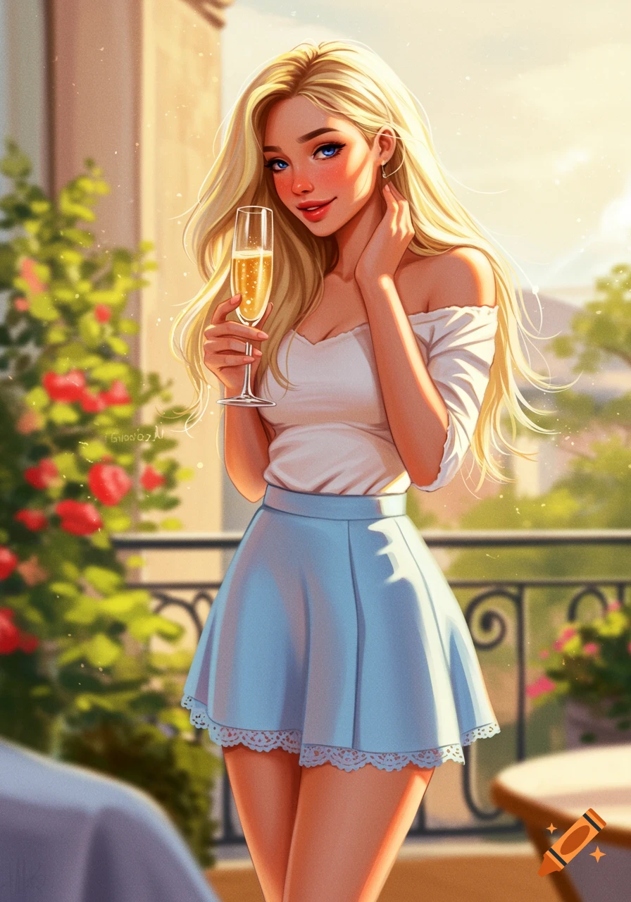 Illustrated portrait of a smiling blonde woman in a white top and blue skirt, holding a glass of champagne on a sunny balcony.