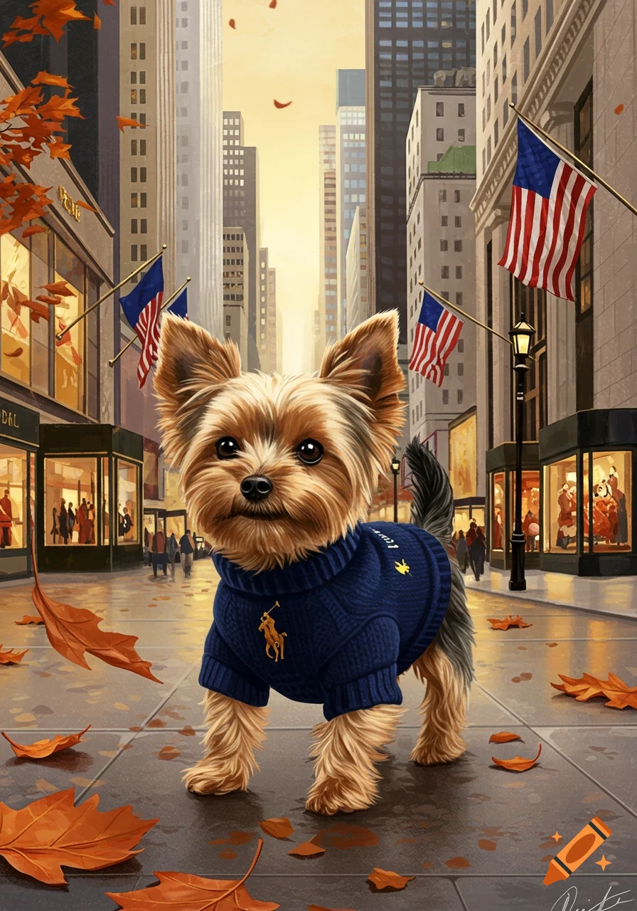 A cute Yorkshire Terrier dog wearing a blue Ralph Lauren sweater stands on a city sidewalk amidst fallen autumn leaves, with skyscrapers and American flags in the background.