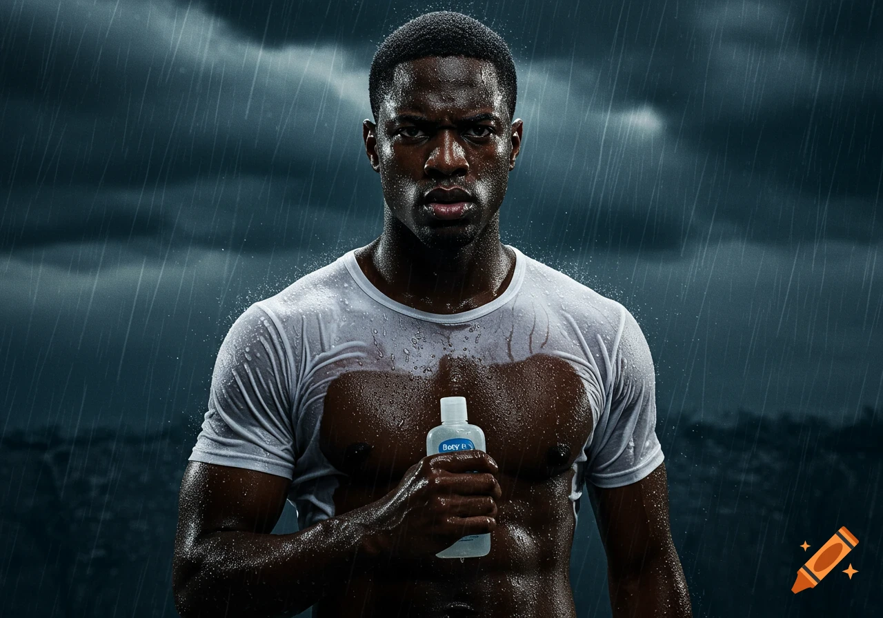 A muscular African-American man with a wet white shirt stands in the rain, holding a small bottle with an intense expression.
