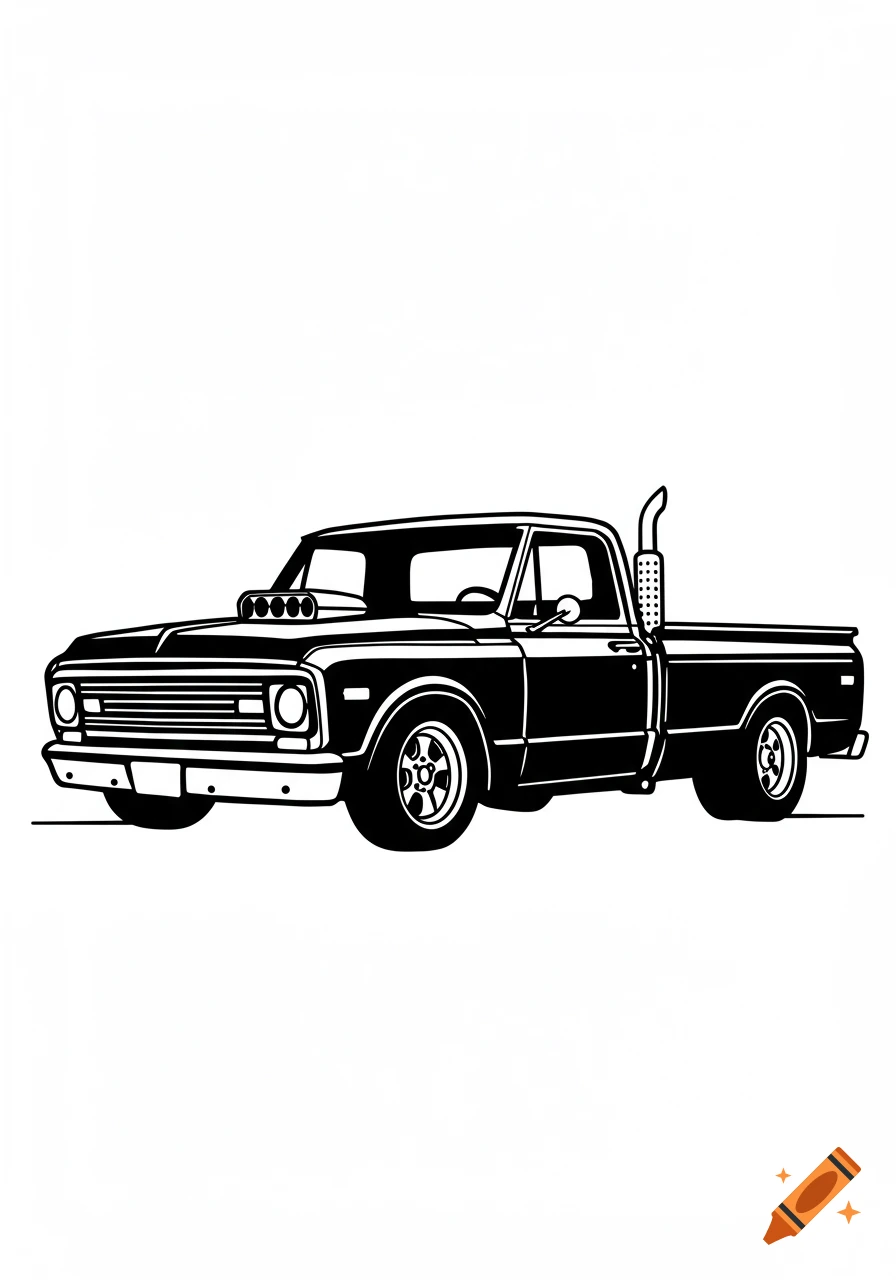 Black and white silhouette illustration of a vintage American pickup truck with a large exhaust pipe and hood scoop.