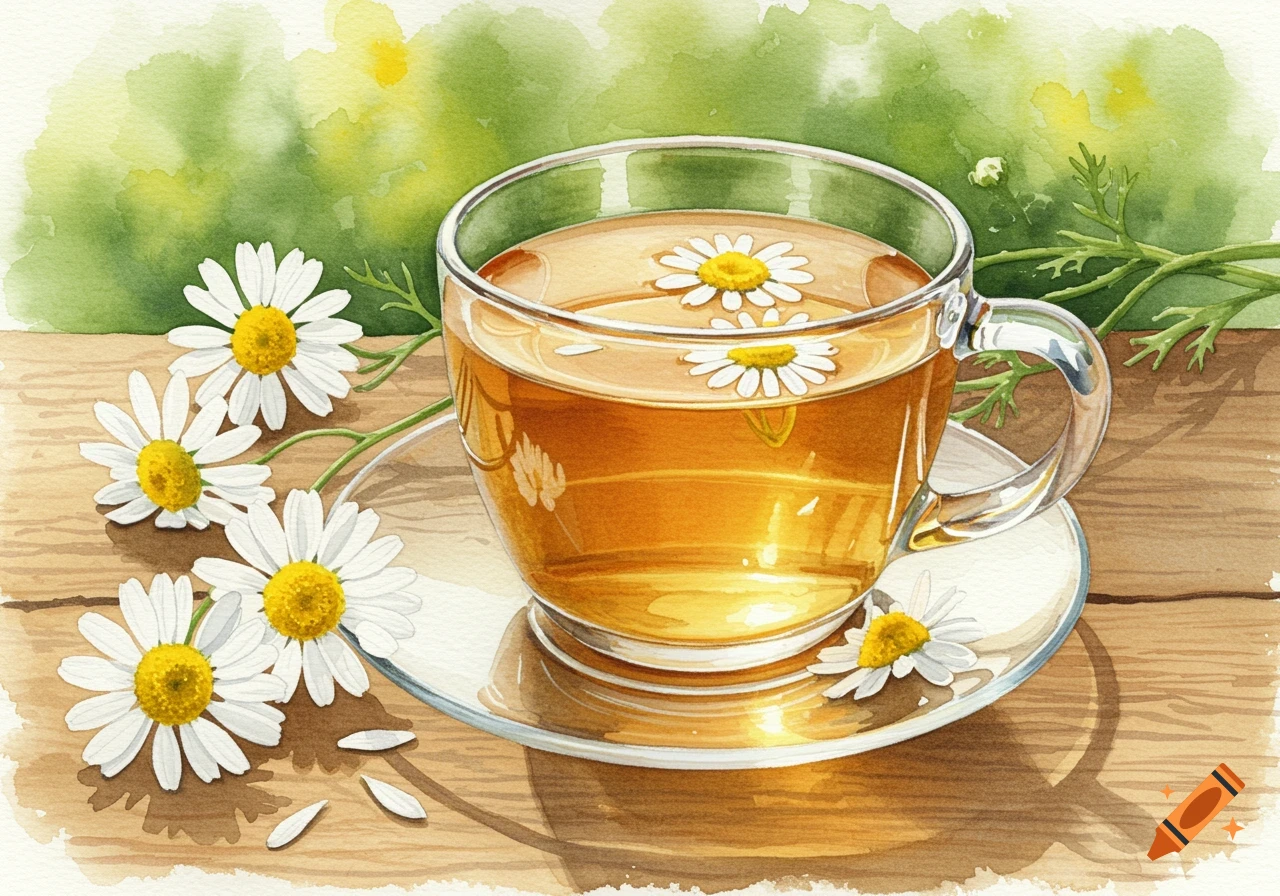 A watercolor painting of a glass teacup with golden chamomile tea and white flowers on a wooden table.