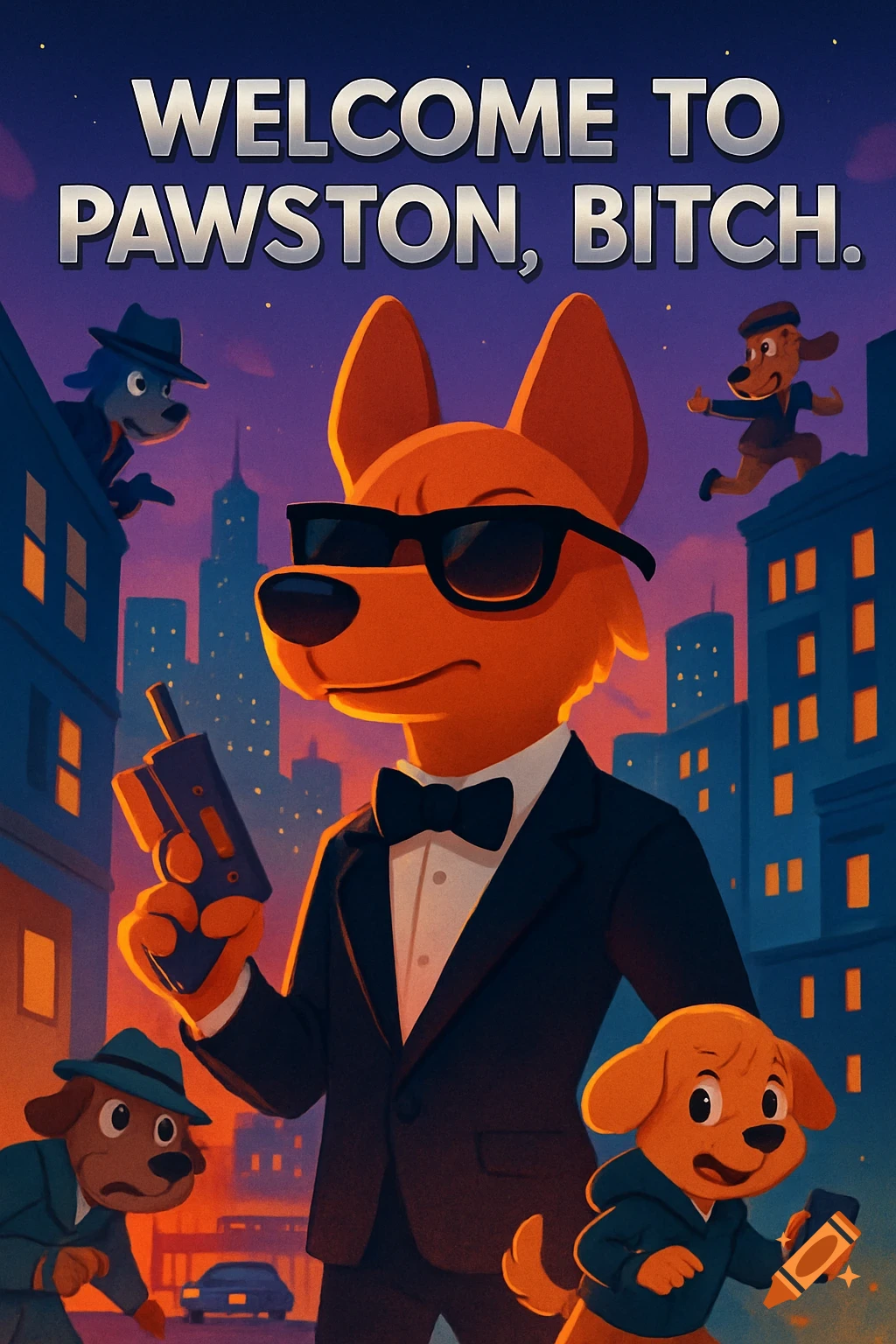 A movie poster features an anthropomorphic dog in a suit and sunglasses holding a walkie-talkie in a city with other dogs. Text reads "WELCOME TO PAWSTON, BITCH."