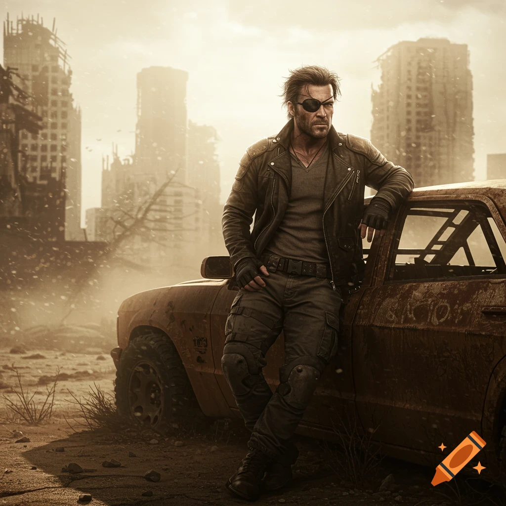 A grizzled man with an eye patch and a leather jacket leans on a rusty car in a desolate, ruined city in a photorealistic style.