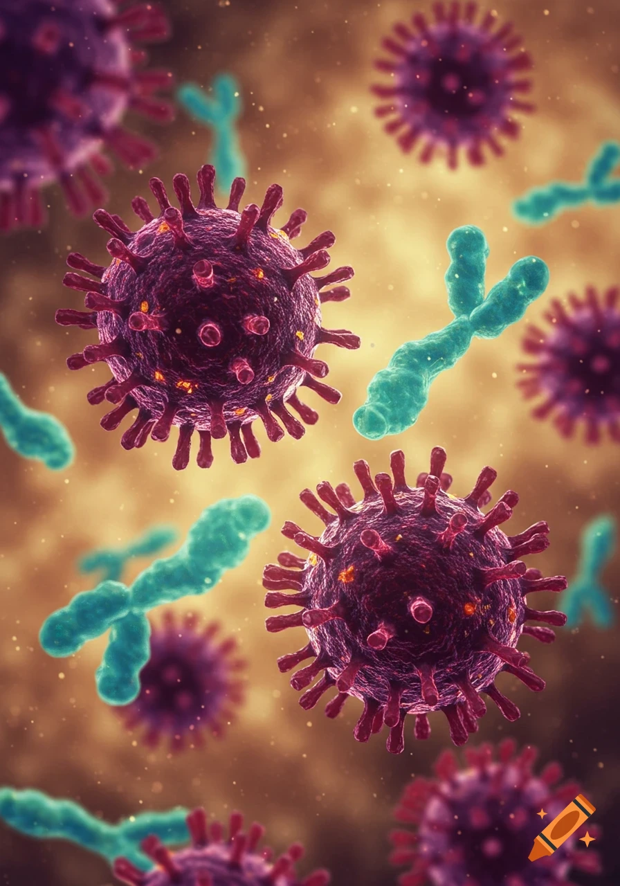 Close-up, microscopic view of purple virus particles with spike proteins surrounded by blue-green antibodies.