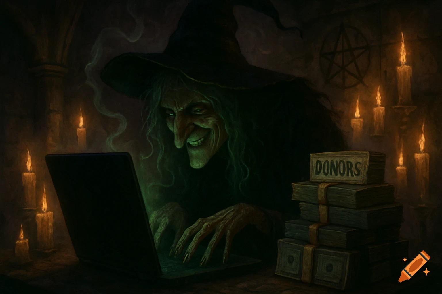 A wicked witch hunched over a laptop in a dark, candlelit room with a stack of bills labeled DONORS and a pentagram.