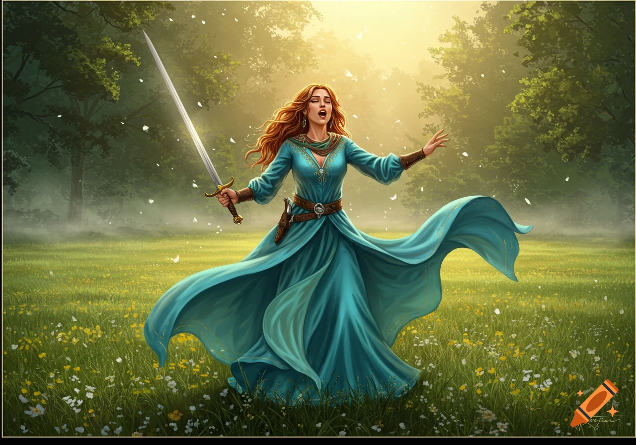 A red-haired woman in a flowing teal dress sings in a sunny, flower-filled field, holding a sword. Digital painting style.