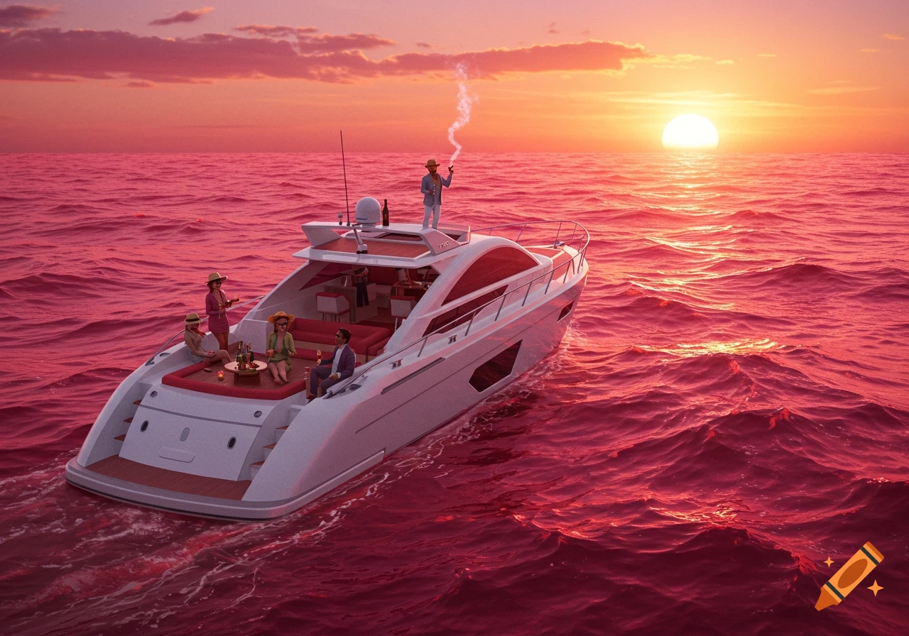 A luxury yacht with people on board sails on a vibrant red ocean during a sunset, with one man smoking a cigar.