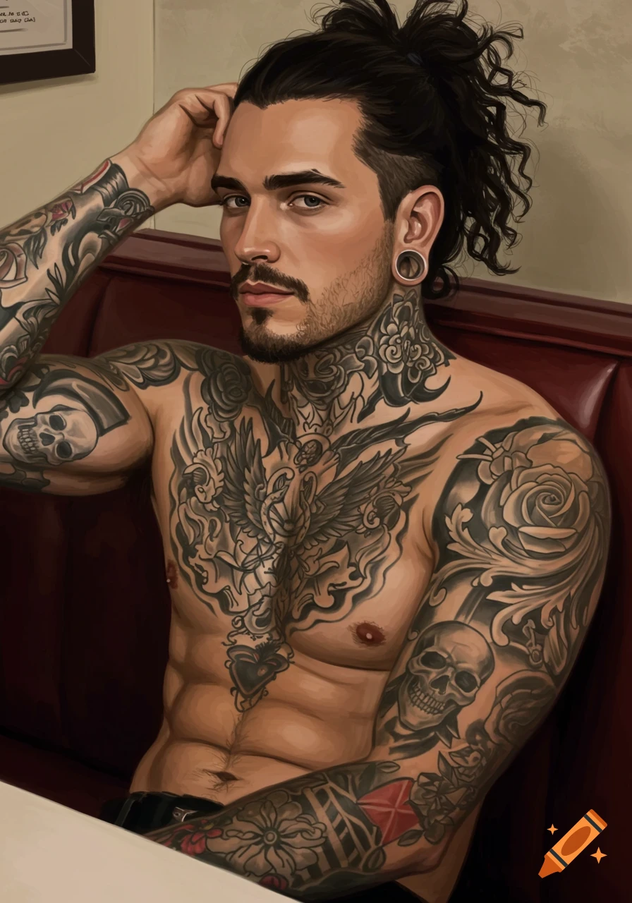 An oil painting style portrait of a handsome, muscular man with a messy ponytail, beard, and extensive tattoos, sitting in a red booth.