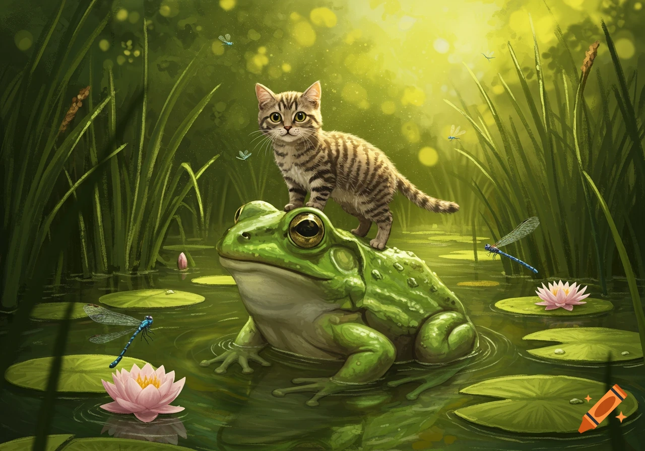 An adorable tabby kitten stands on the back of a large green frog in a sunlit pond with lily pads and pink water lilies. Dragonflies fly nearby.