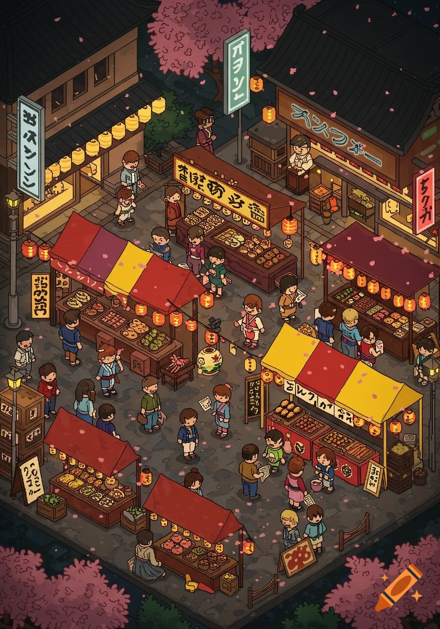 Isometric pixel art illustration of a busy Japanese night market with food stalls, lanterns, and many people under cherry blossom trees.