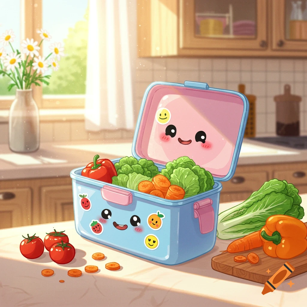 A cute, cartoon illustration of a happy blue lunchbox filled with fresh vegetables on a sunny kitchen counter.