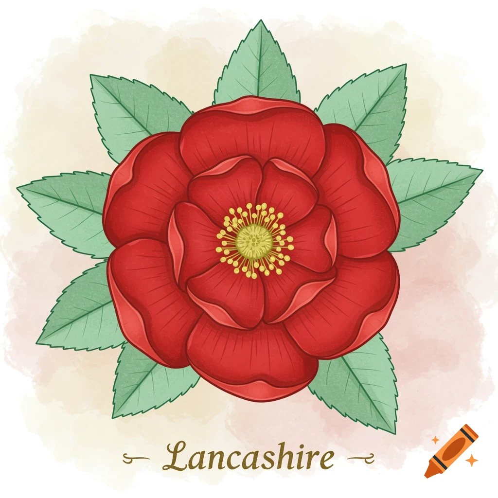 An illustration of a red Lancashire rose with green leaves on a watercolor background.