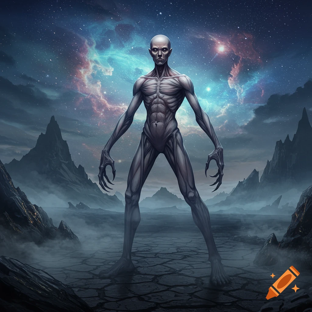 A bald humanoid monster with long limbs and claws stands on a cracked, desolate alien landscape under a colorful, starry nebula sky.