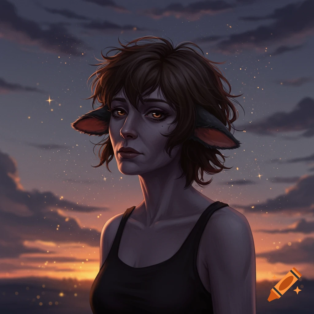 A portrait of a woman with sheep ears and short messy brown hair, wearing a black tank top, against a starry sunset sky.