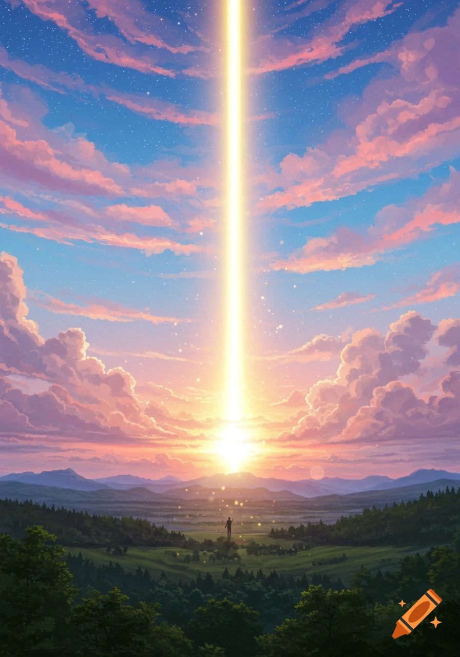 A vibrant landscape with a golden light beam extending from the horizon into a colorful sky with pink clouds and stars. A lone figure stands in a green field.