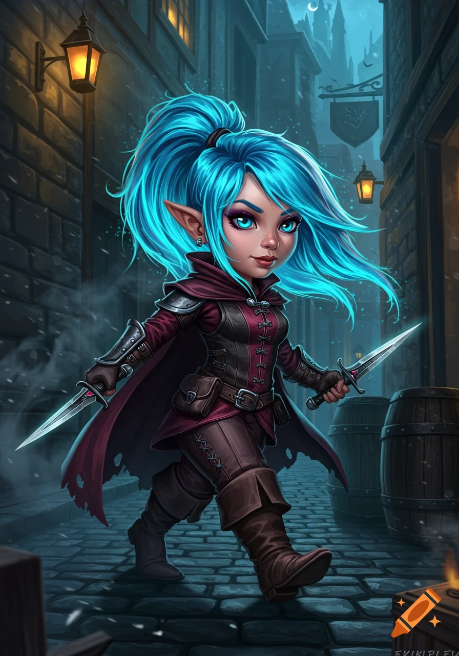 A vibrant digital painting of a blue-haired gnome female rogue with daggers in a dark alley at night.