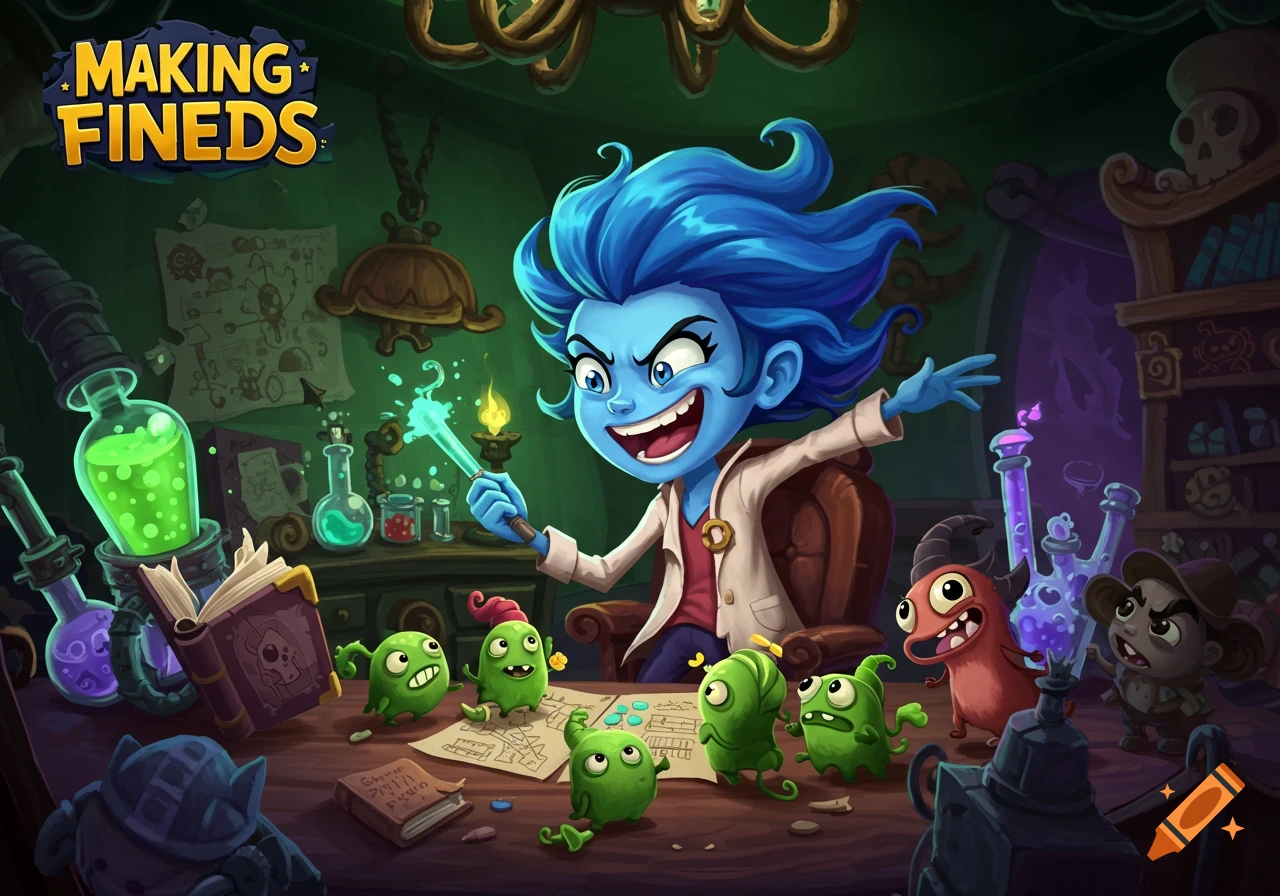 A cartoon illustration of a mad scientist girl with blue skin and hair excitedly casting a spell in a lab, surrounded by green monsters and bubbling potions. Text reads "MAKING FINEDS" at the top left.
