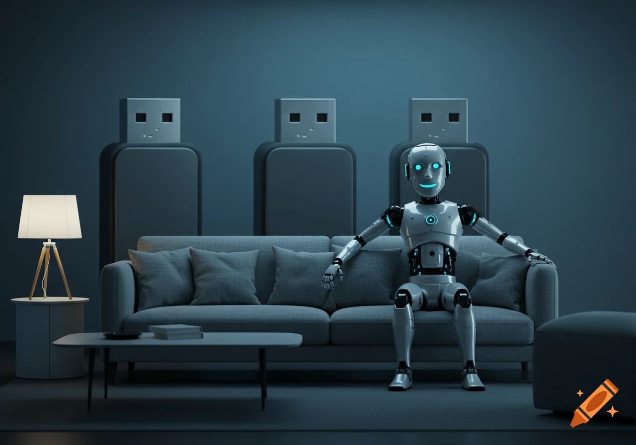 A smiling android robot sits on a couch in a living room with three giant USB flash drives standing behind it.