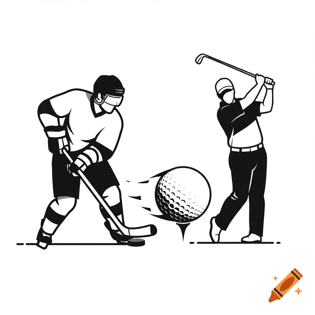 Black and white illustration of a hockey player hitting a puck that transforms into a golf ball being hit by a golfer.