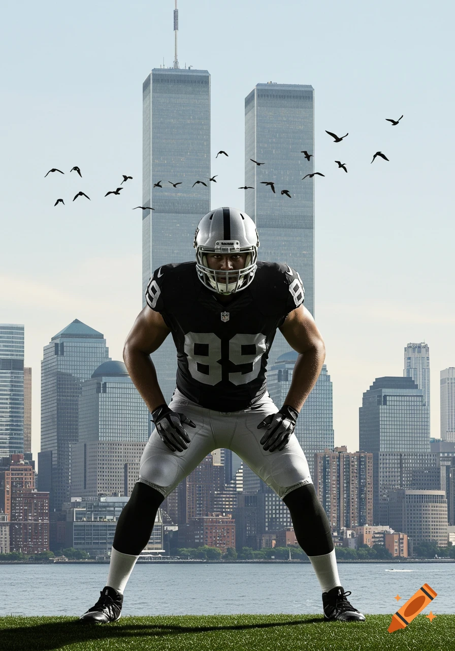 A football player in black and white uniform with number 89 stands on a field with the Twin Towers and a city skyline in the background, with birds flying.