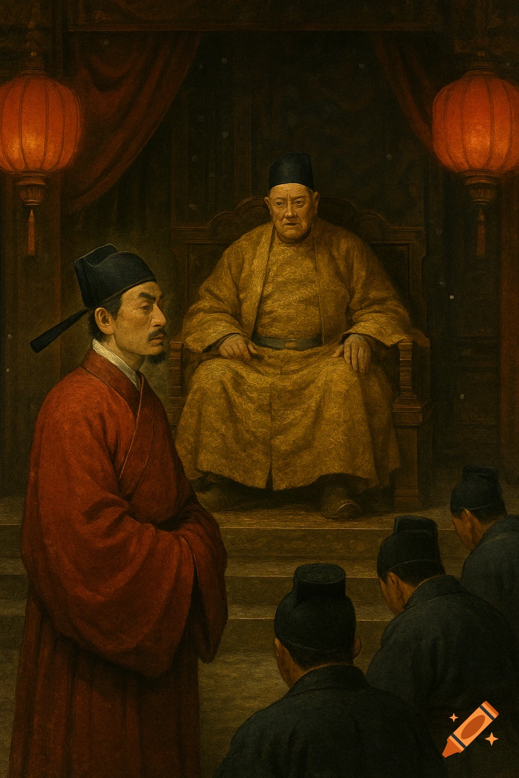 A painted historical scene showing an older man in a gold robe on a throne, with a man in a red robe standing, and other figures bowing.