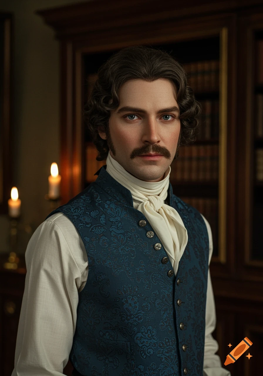 Photorealistic portrait of an 18th-century man with a mustache, white cravat, and blue patterned vest.