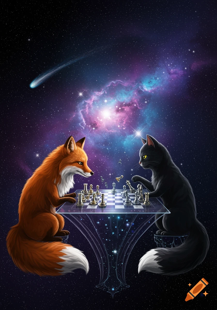 An illustrated image of an orange fox and a black cat playing chess on a glowing board in outer space with nebulae and a comet.