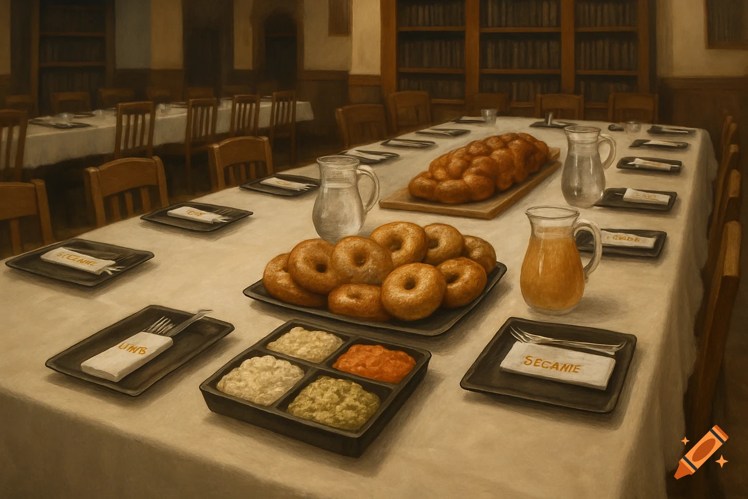 A long dining table set with bagels, challah, spreads, and drinks in a library-like room with bookshelves, in a painterly style.