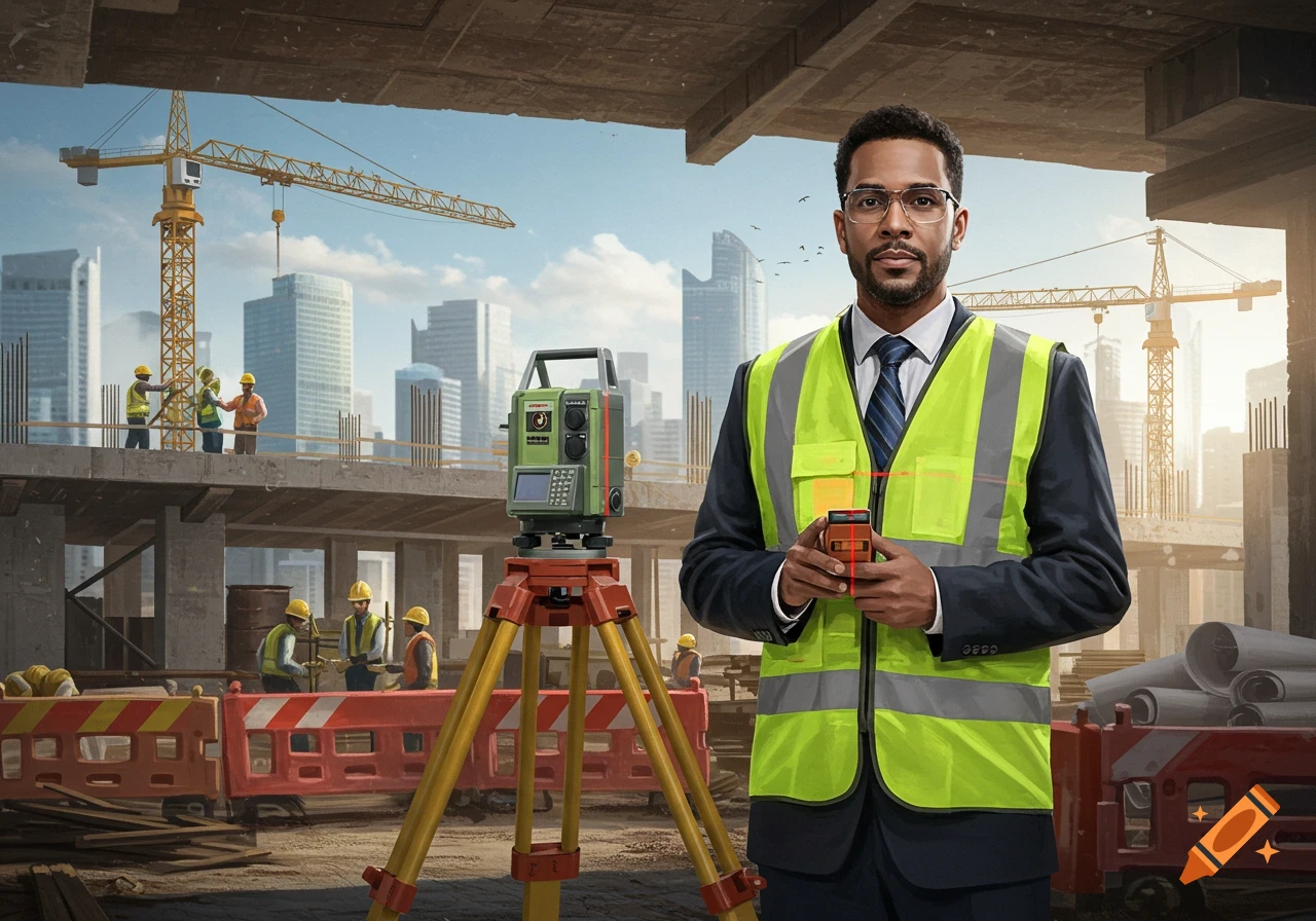 A male quantity surveyor in a safety vest holds a measuring device at a construction site with a total station and city skyline in the background.