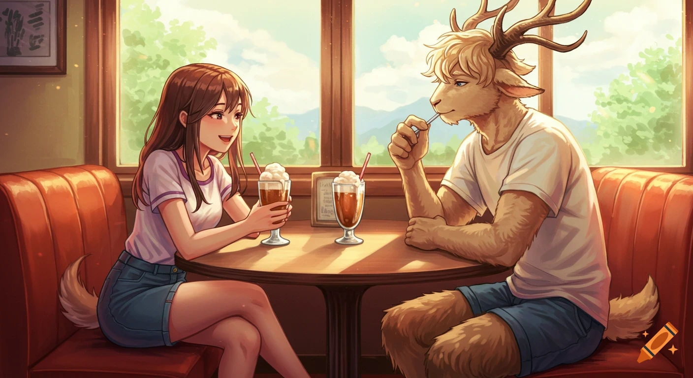 Anime style illustration of a brunette girl and a blond satyr with antlers sharing root beer floats at a cafe.