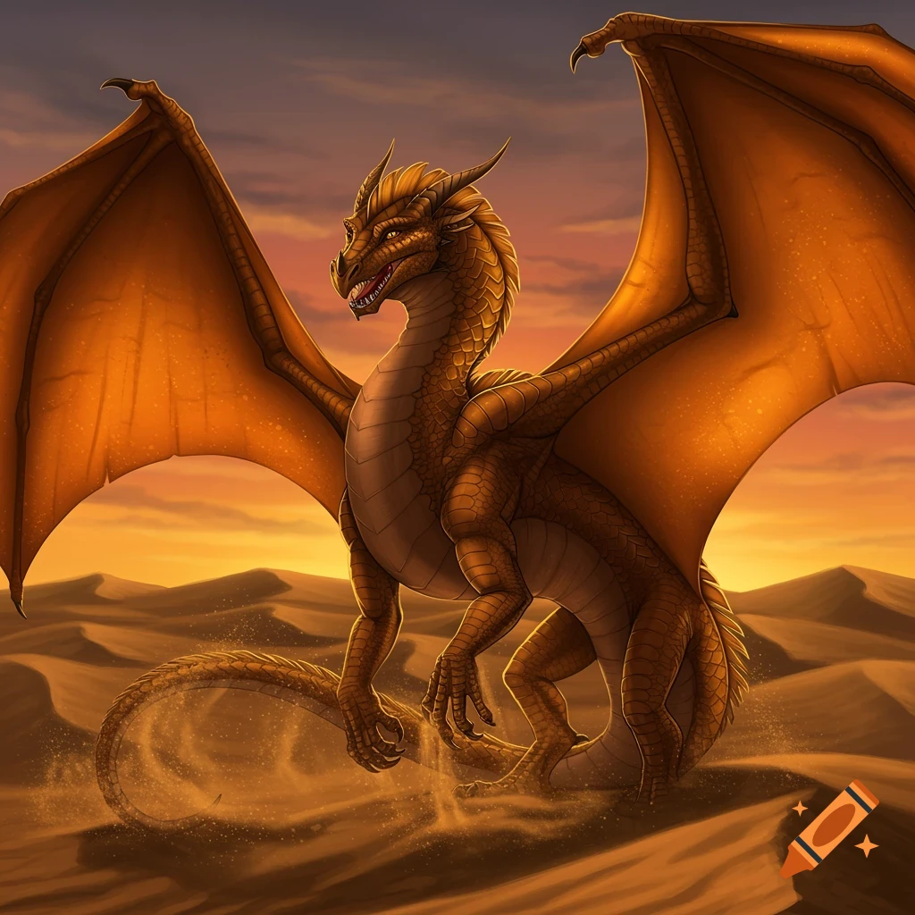 A bronze-scaled dragon with large wings stands on a sandy dune in a desert at sunset.