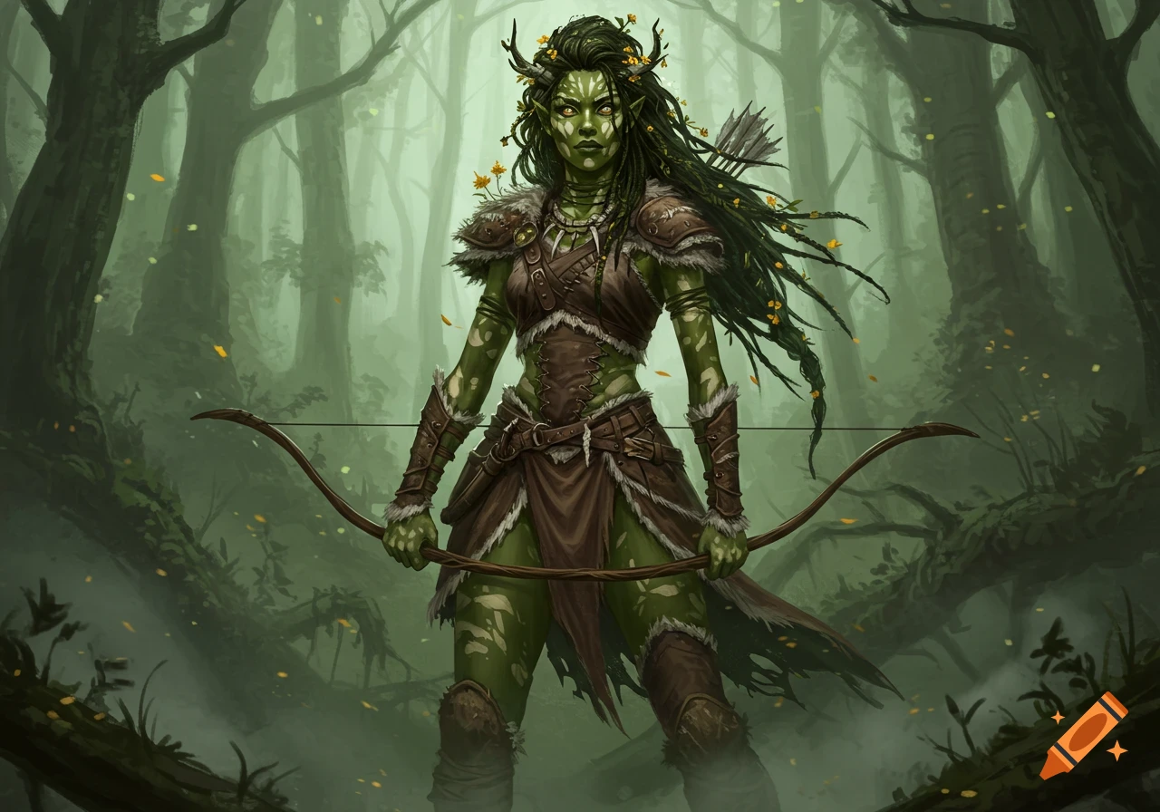 A green-skinned female huntress with leafy hair, dressed in leather and pelts, stands holding a recurved bow in a mystical forest.
