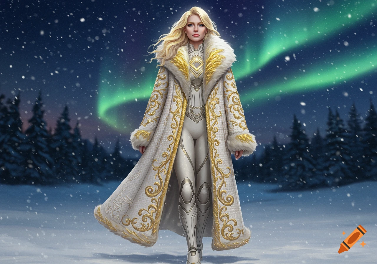 Blonde woman in an ornate white and gold fur-trimmed coat stands in a snowy landscape with aurora borealis.