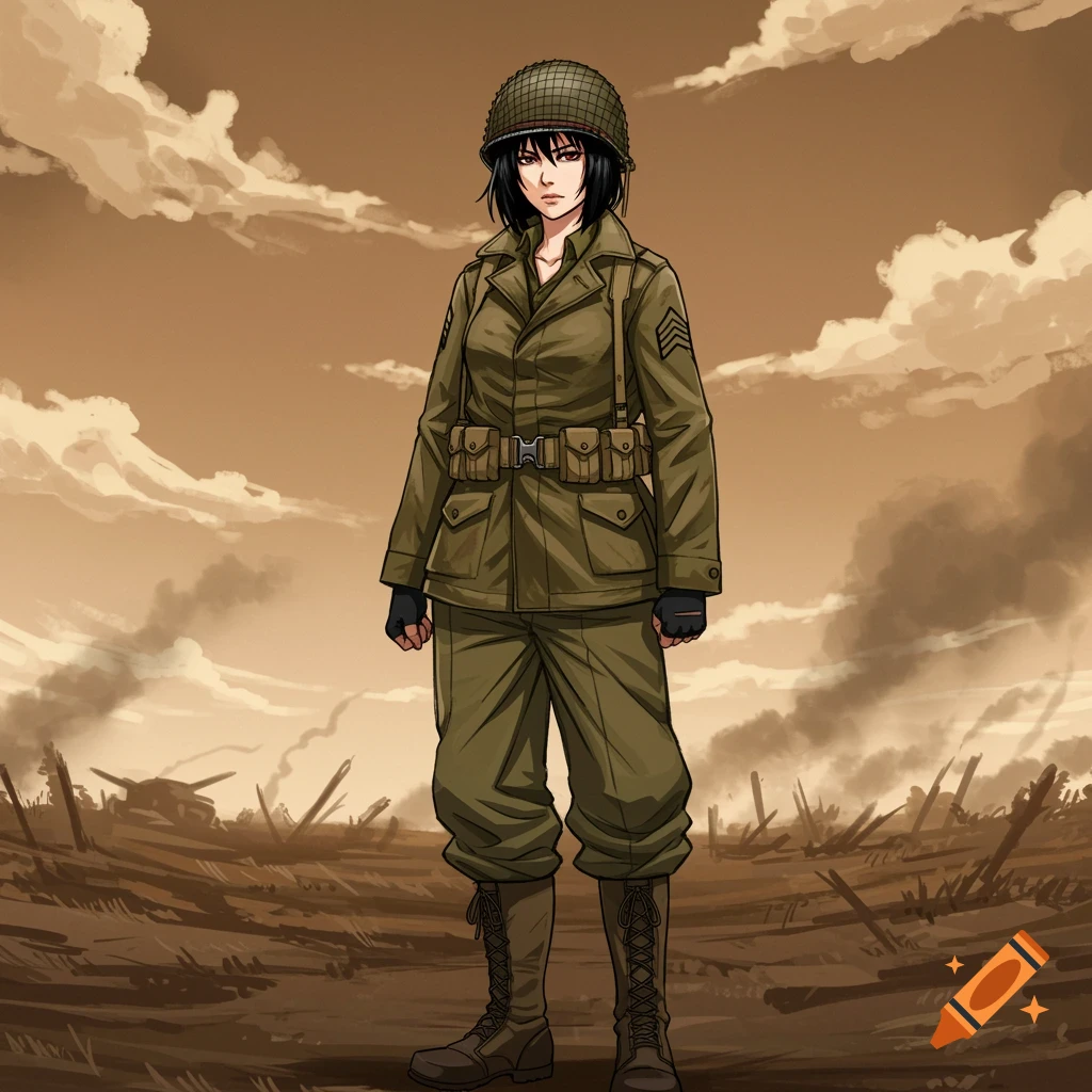 A woman soldier in a WW2 American uniform stands in a war-torn, desolate landscape in an anime style.