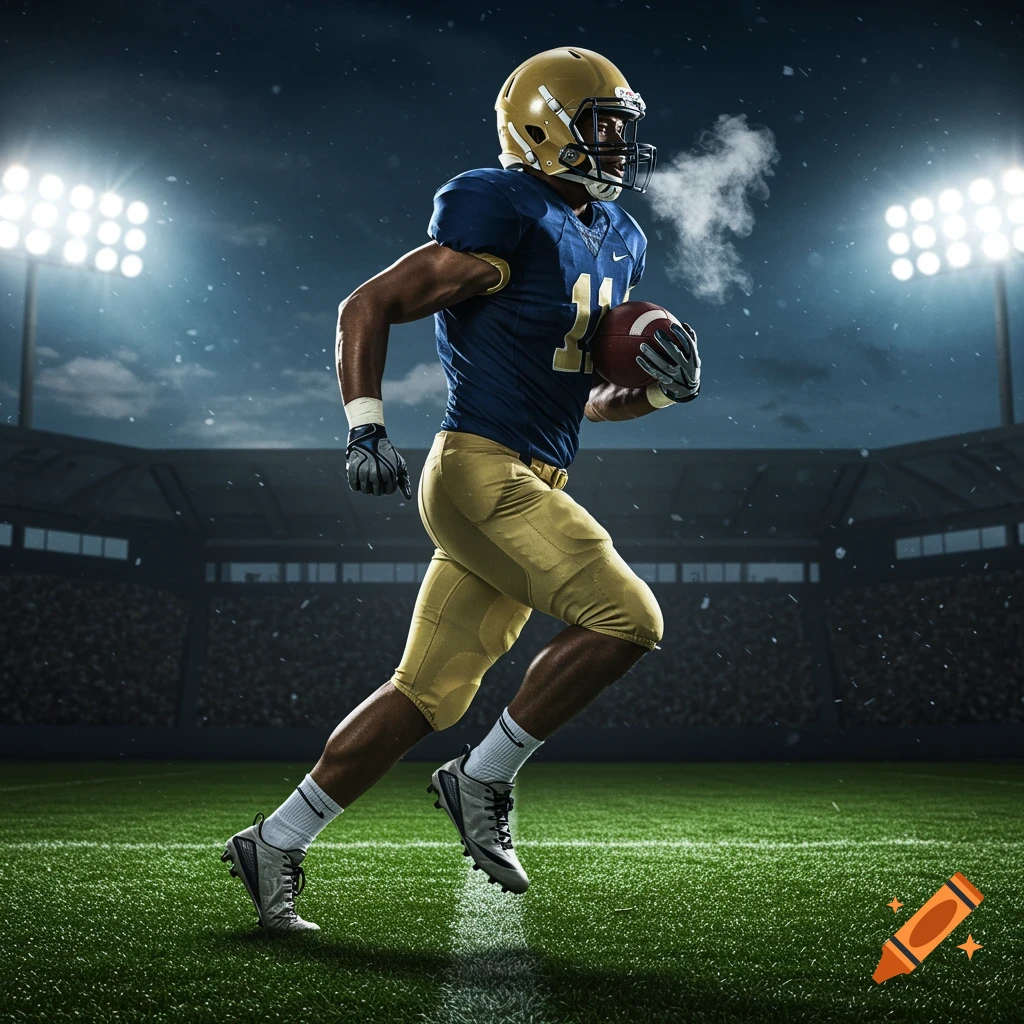 Photorealistic image of an American football player running with the ball in a stadium under bright lights and falling snow.