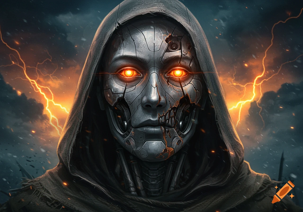 Close-up of a broken humanoid machine with glowing orange eyes and a cracked face, wearing a tattered hooded cloak under a stormy sky with lightning.